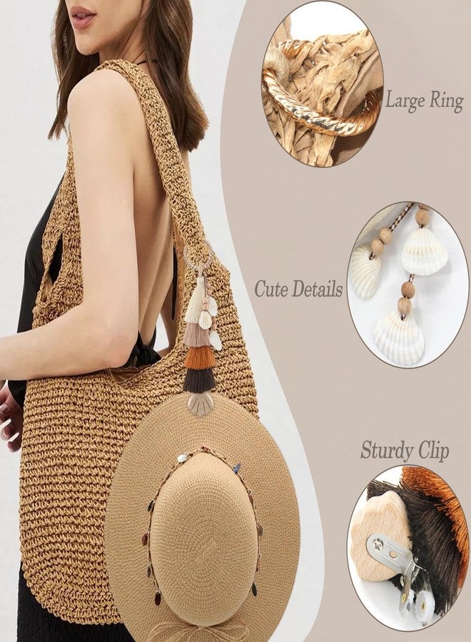 RUNROLE Handmade Tassel Charms Keychain with Wooden Hat Clip for Travel on Bag, Summer Beach Vocation Accessories for Women, Cruise Essentials 2025(Gradient Khaki) - Image 4